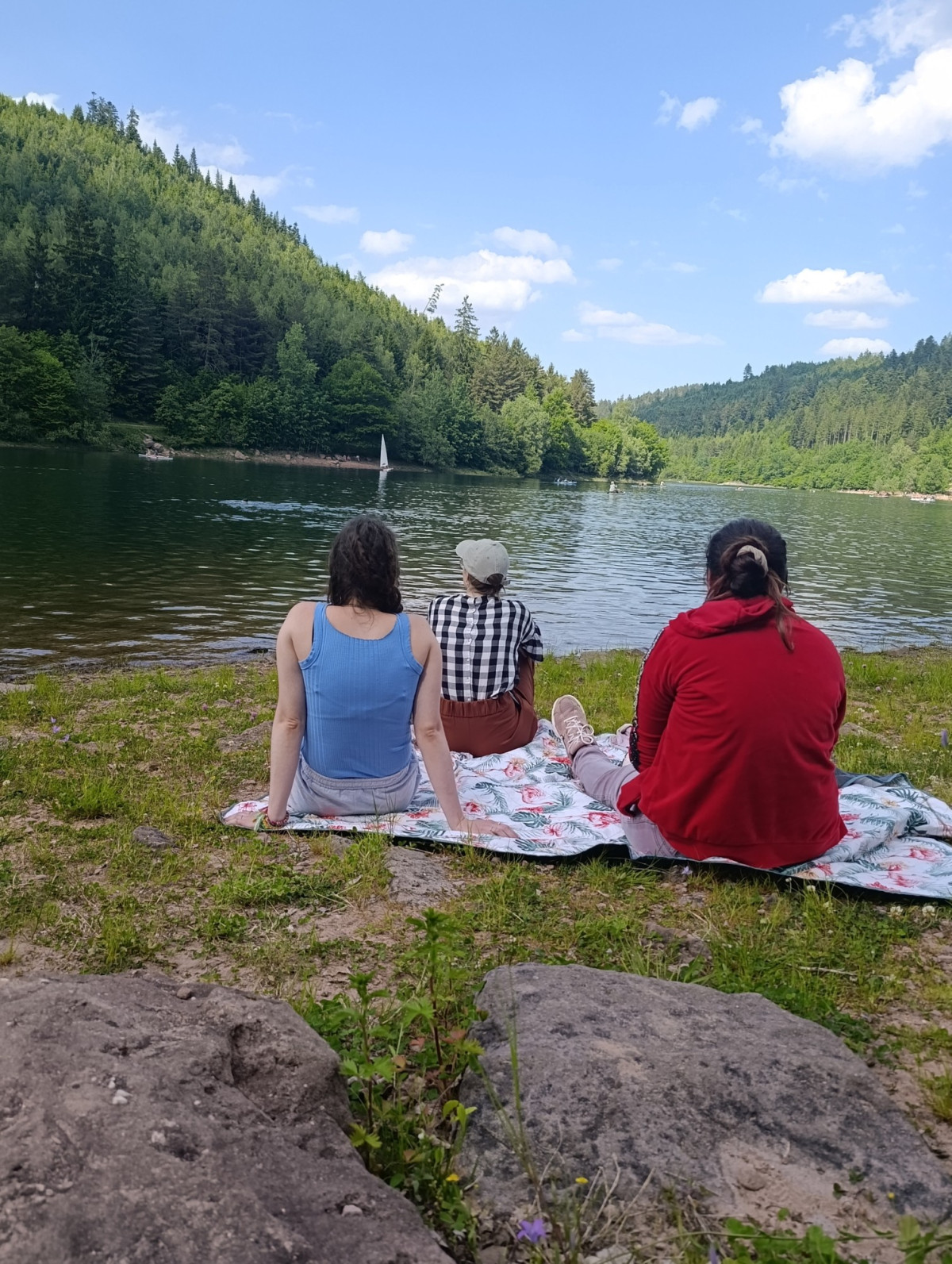 Drei Personen sitzen auf einer Picknickdecke am Seeufer und blicken auf das ruhige Wasser, umgeben von bewaldeten H&uuml;geln.