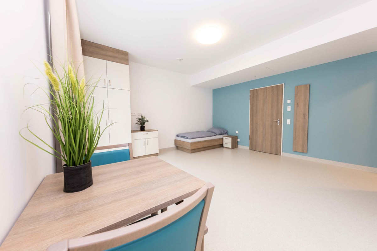 Modernes Wohnzimmer mit blauer Wand und Holzm&ouml;beln.