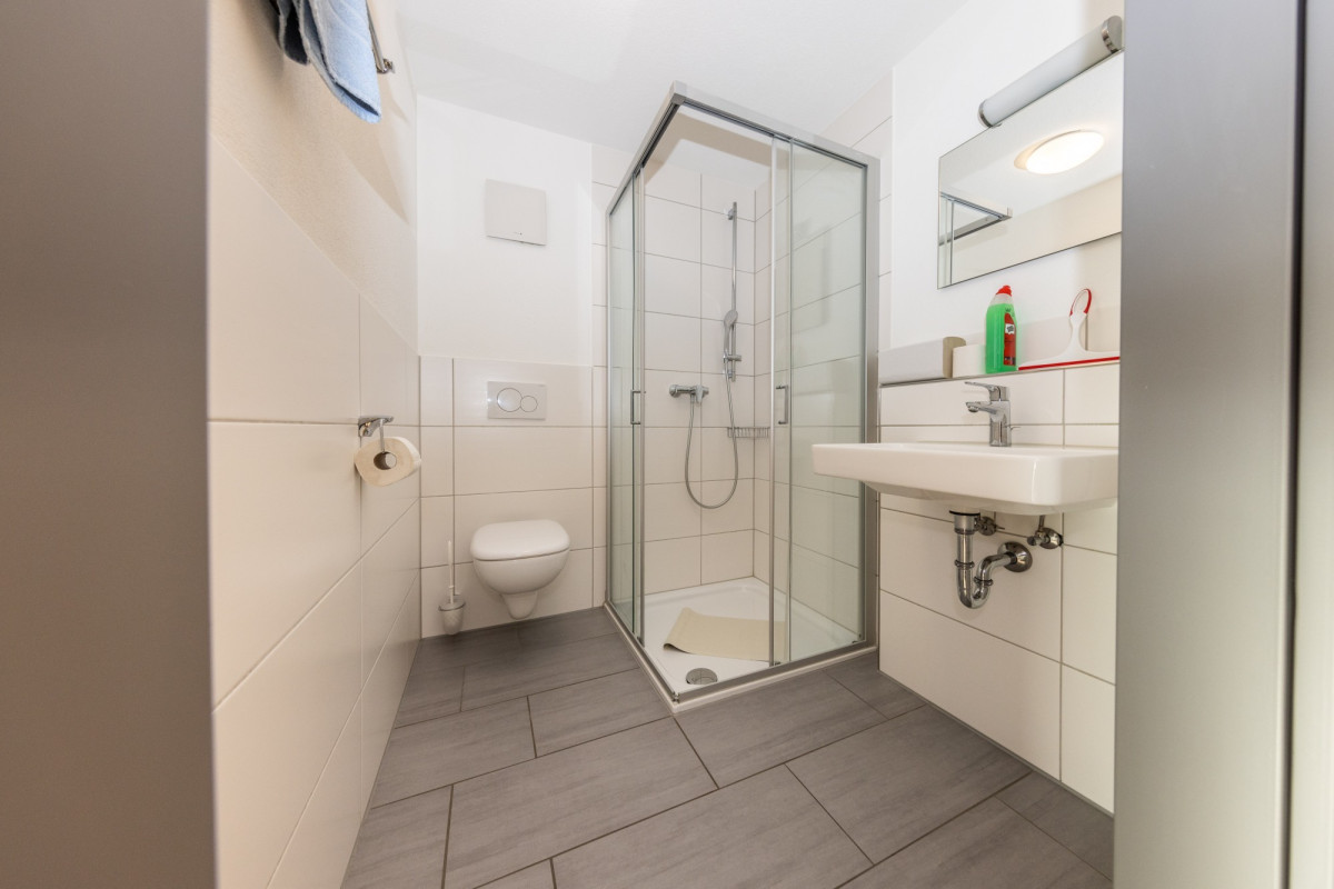 Modernes Badezimmer mit Dusche und Waschbecken.