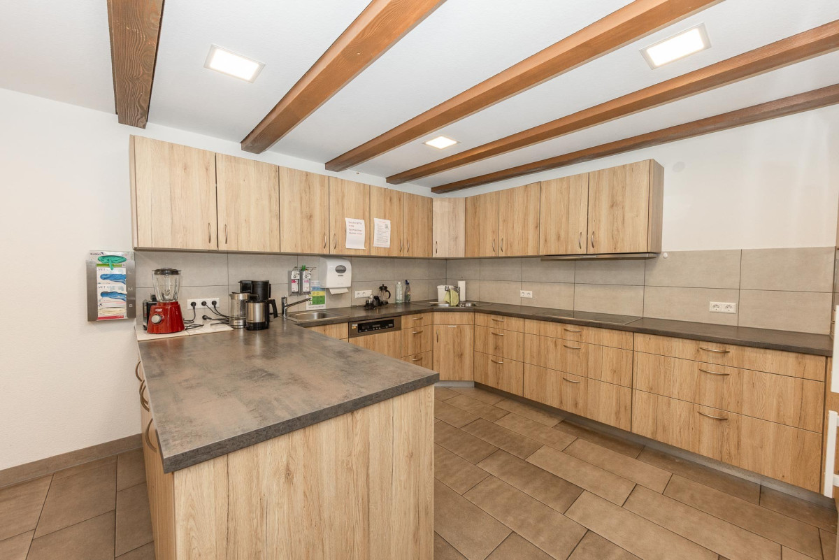 Moderne K&uuml;che mit Holzschr&auml;nken und Betonarbeitsplatte.