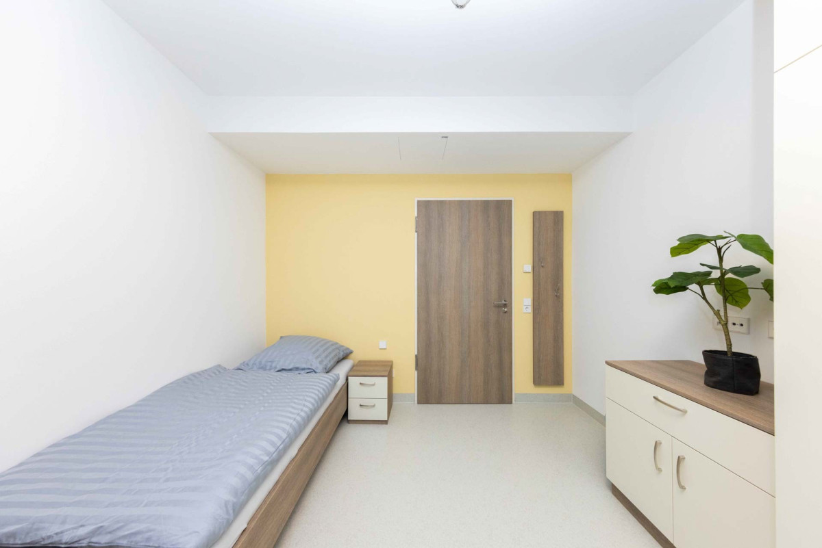 Minimalistisches Schlafzimmer mit Einzelbett und Pflanze.